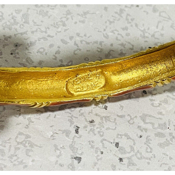 2 Kenneth Lane Signed Goldtone Burnt Orange Ribbed Bracelets Hinged Slim Bangles - Picture 6 of 10